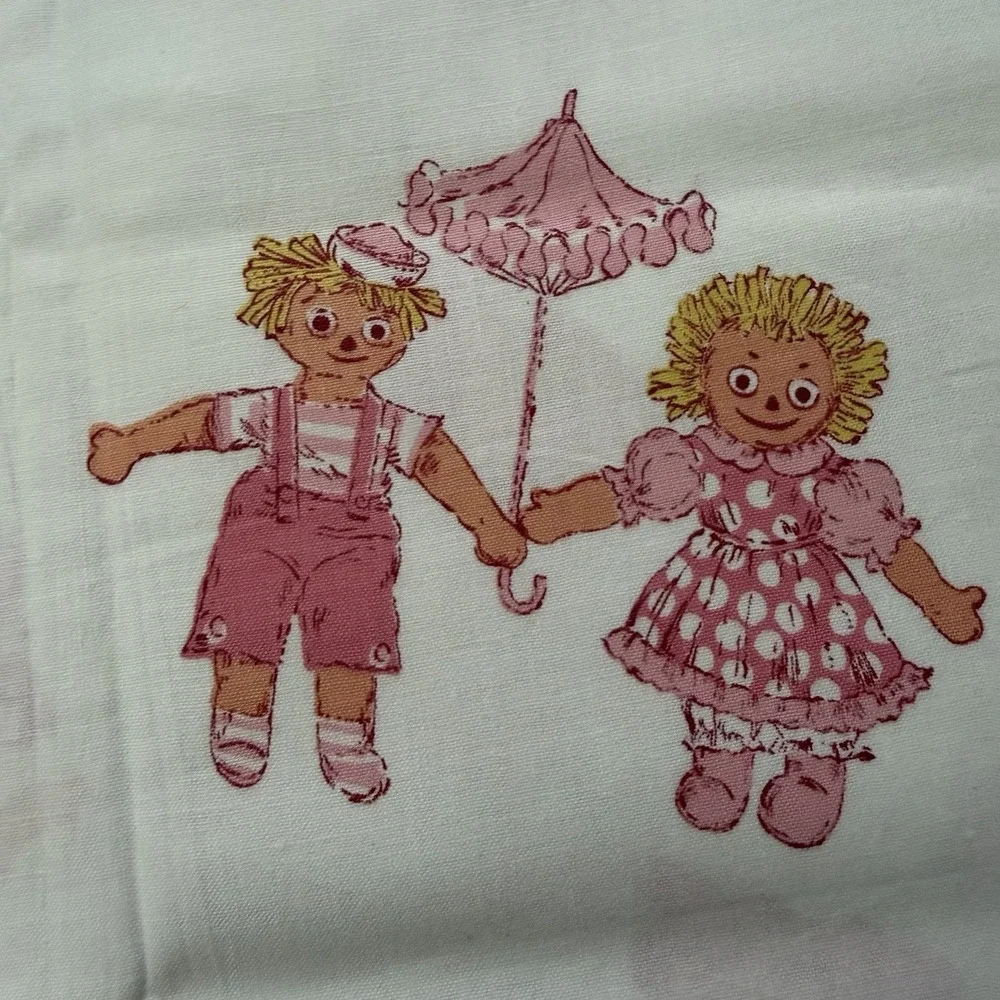 VTG Fabric Raggedy Ann Andy Humpty Dumpty Scary Bunny Mother Goose Pink  65x36
